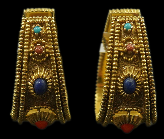 A pair of continental high carat gold and semi-precious gem set hinged loop earrings